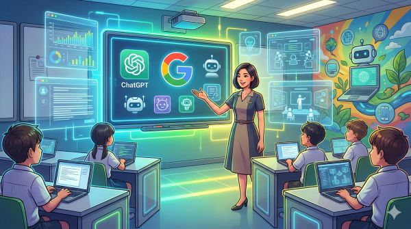 ครูหญิงกำลังสอนนักเรียนเกี่ยวกับ AI ในห้องเรียนดิจิทัล มีหน้าจอแสดงโลโก้ ChatGPT Google Gemini และสัญลักษณ์ AI หุ่นยนต์ นักเรียนใช้คอมพิวเตอร์ในชั้นเรียน