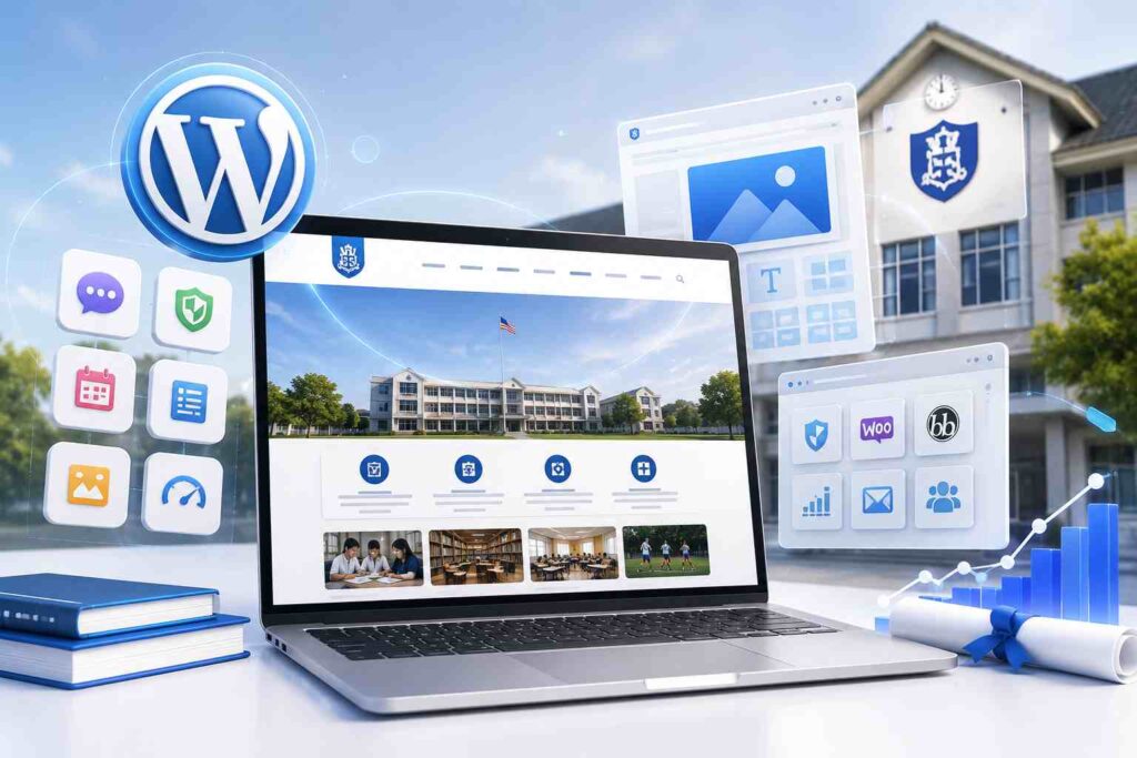 เว็บไซต์โรงเรียนที่สร้างด้วย WordPress พร้อมปลั๊กอินสำหรับการศึกษา การจัดการเนื้อหา และการพัฒนาเว็บไซต์สถานศึกษา