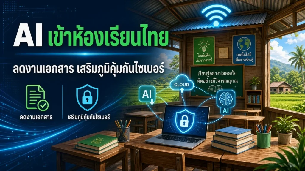 ห้องเรียนโรงเรียนชนบทมีสัญญาณ Wi-Fi เหนือหลังคา แล็ปท็อปขึ้นไอคอนโล่ความปลอดภัย และไอคอน AI กับคลาวด์ลอยอยู่