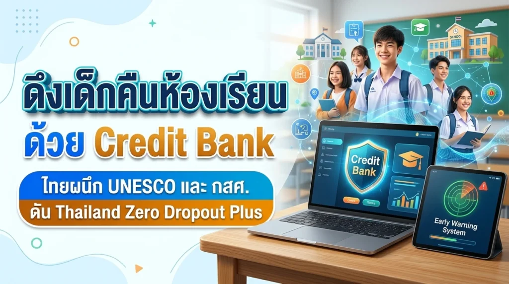 แล็ปท็อปแสดงระบบธนาคารหน่วยกิต Credit Bank และแท็บเล็ตระบบแจ้งเตือน Early Warning System โดยมีกลุ่มนักเรียนไทยยิ้มแย้มอยู่ด้านหลัง พร้อมข้อความ ดึงเด็กคืนห้องเรียน ด้วย Credit Bank