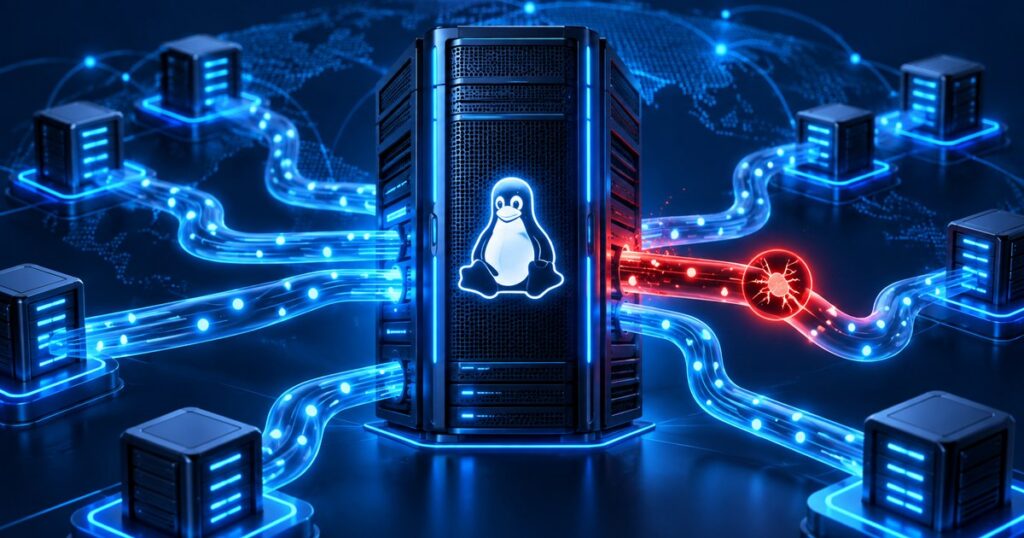กราฟิกตู้เซิร์ฟเวอร์ Linux และเส้นทางเครือข่ายที่มีสัญญาณเตือนช่องโหว่