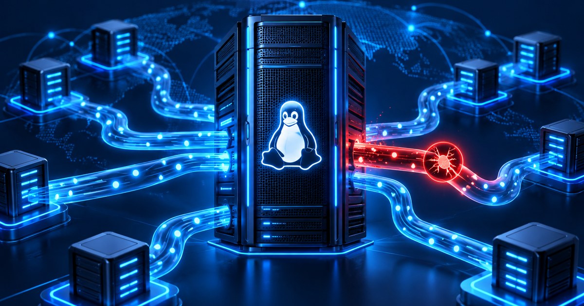 กราฟิกตู้เซิร์ฟเวอร์ Linux และเส้นทางเครือข่ายที่มีสัญญาณเตือนช่องโหว่