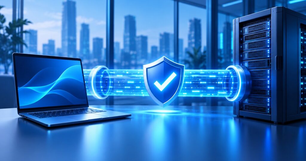 กราฟิกการเชื่อมต่อเครือข่ายผ่านอุโมงค์ VPN พร้อมโล่ยืนยันการแก้ไข