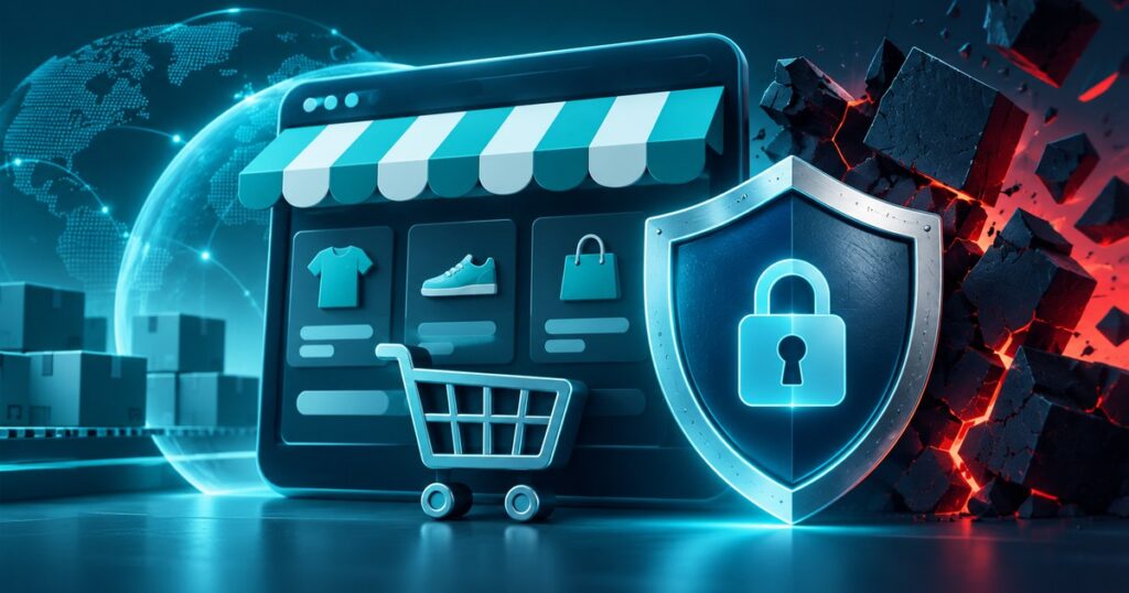 กราฟิกร้านค้าออนไลน์และโล่ป้องกัน สื่อถึงช่องโหว่ Drupal Commerce